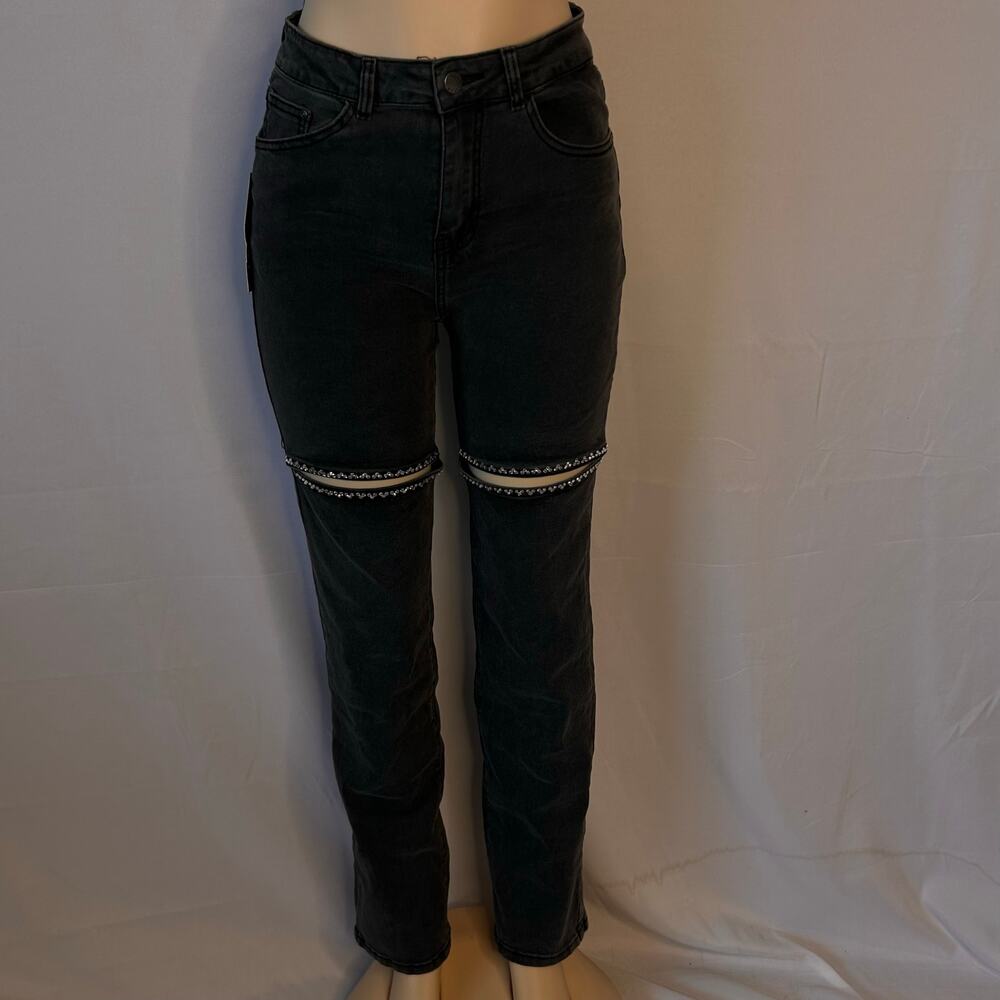 Bebe Bling Slit Jeans Grey Wash Rhinestone Cutout Knee Denim 8/29 NWT